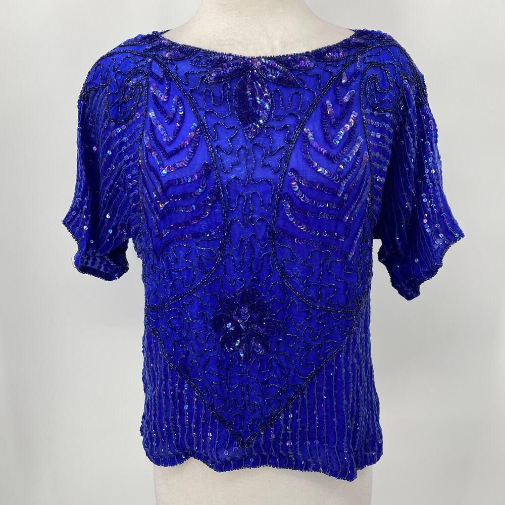 Vintage 80s Beaded Silk Top Short Sleeve Boatneck Pullover Sequins Blue Womens L - Picture 2 of 10
